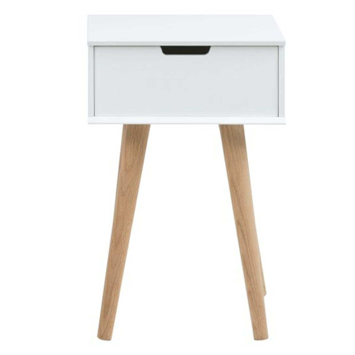 A white bedside table with one drawer and pale wooden legs.