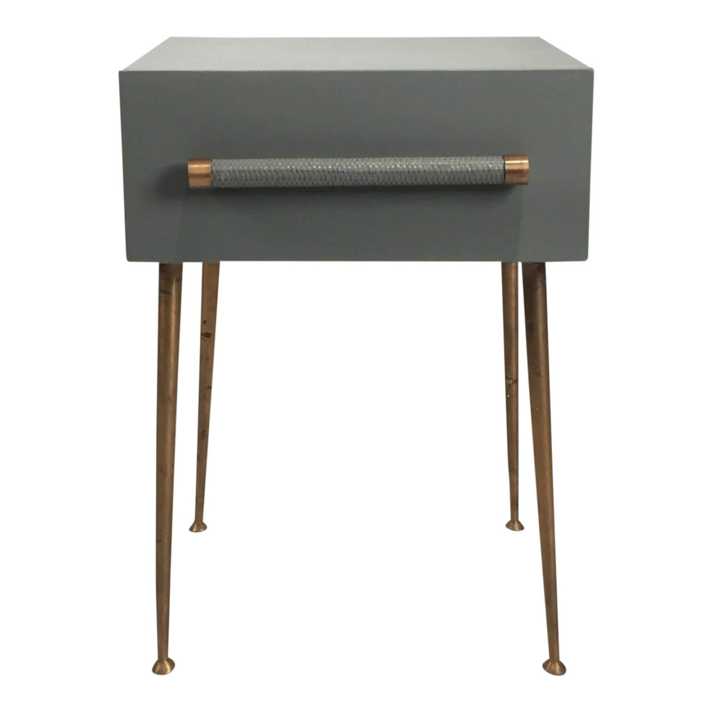 A grey bedside table with dark wooden legs.