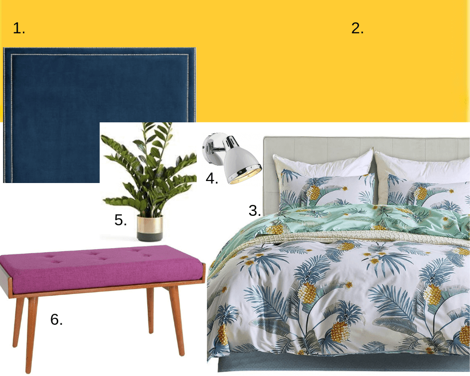 bedroom moodboard using bright colours like yellow, pink, green
