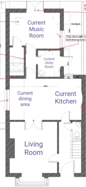 Downstairs floor plan, including kitchen, living room, dining area and utility room.