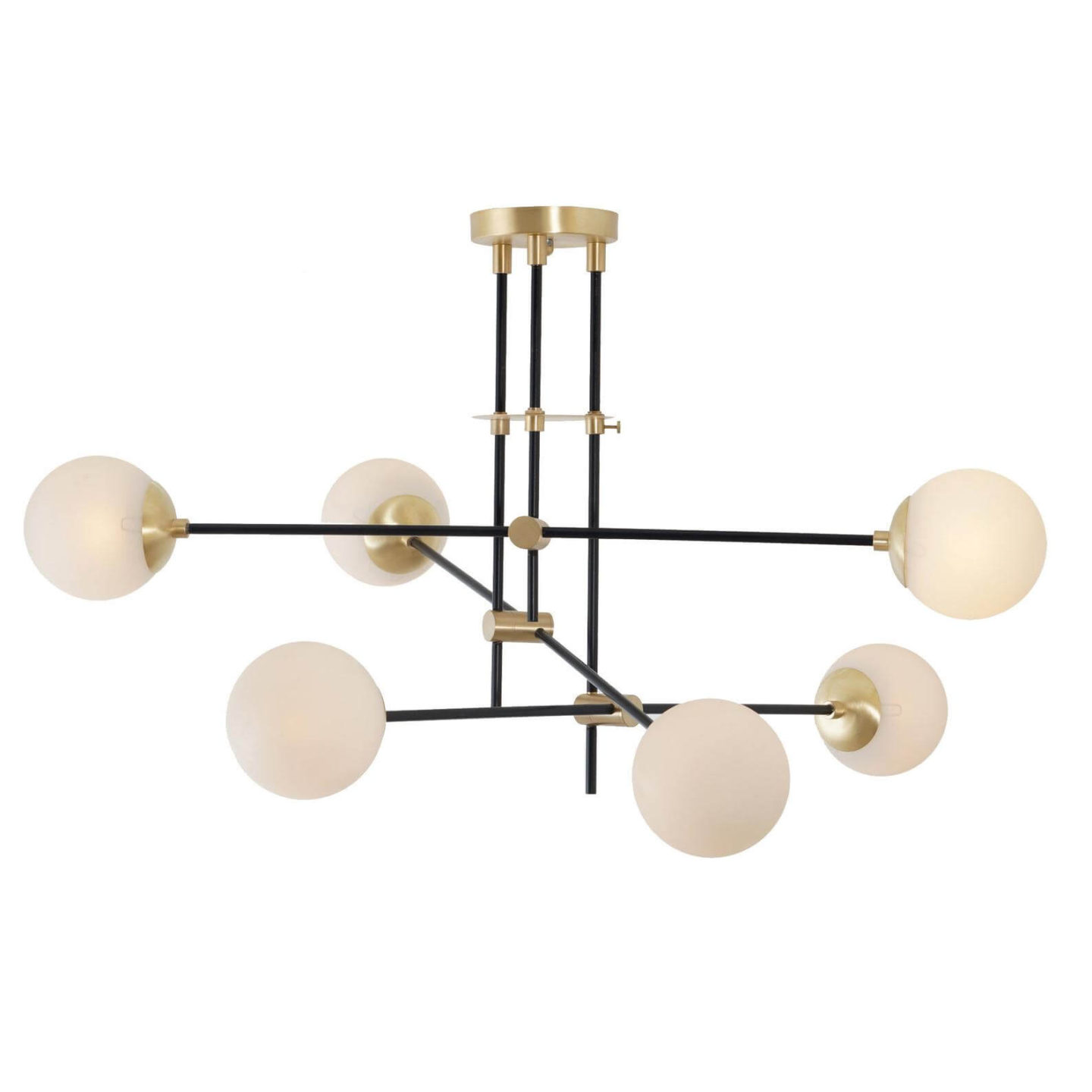 Mid century modern chandelier. Black wire, brass hardware and round white bulbs. 