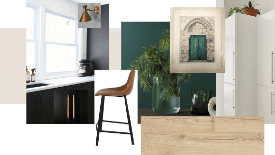 A mood board with a black kitchen cabinets, gold handles, wooden floors, a leather bar stool, a dark green wall and a painting of a green door.