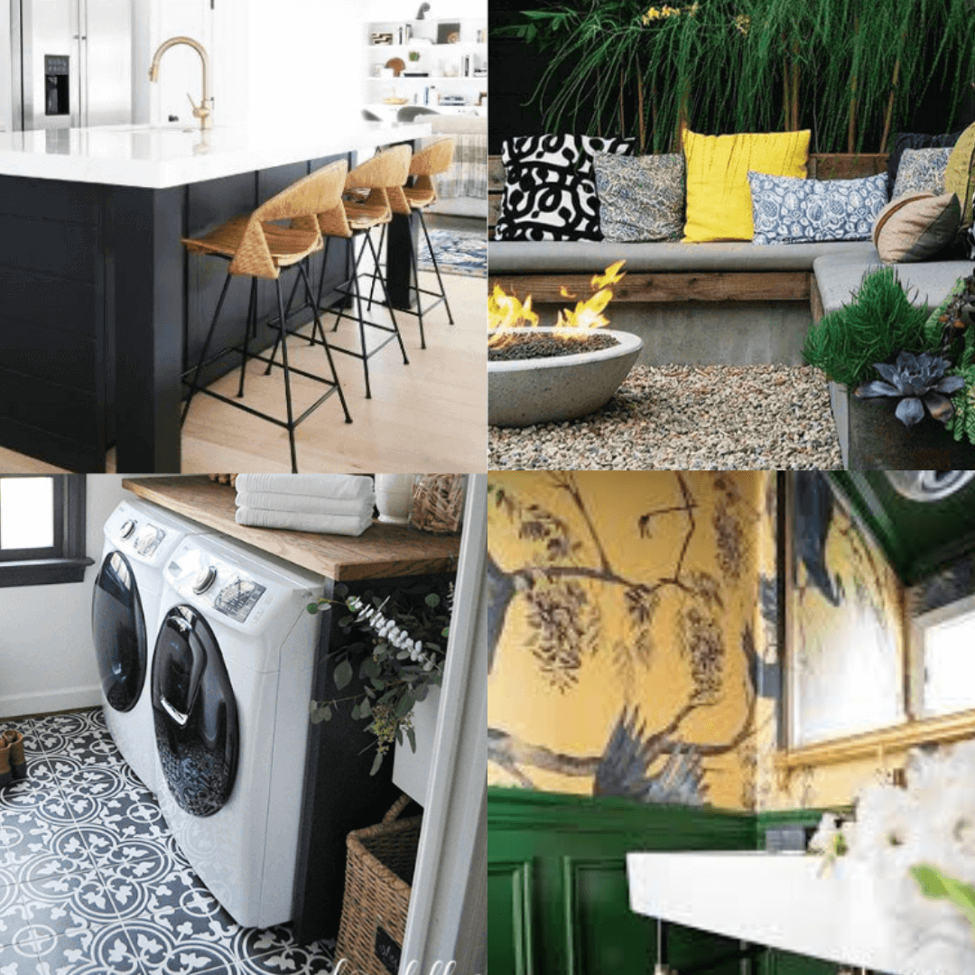 A collage of inspirational photos showing a black kitchen, outdoor seating with firepit, utilily room with patterned tiles and a wallpapered tiny bathroom.