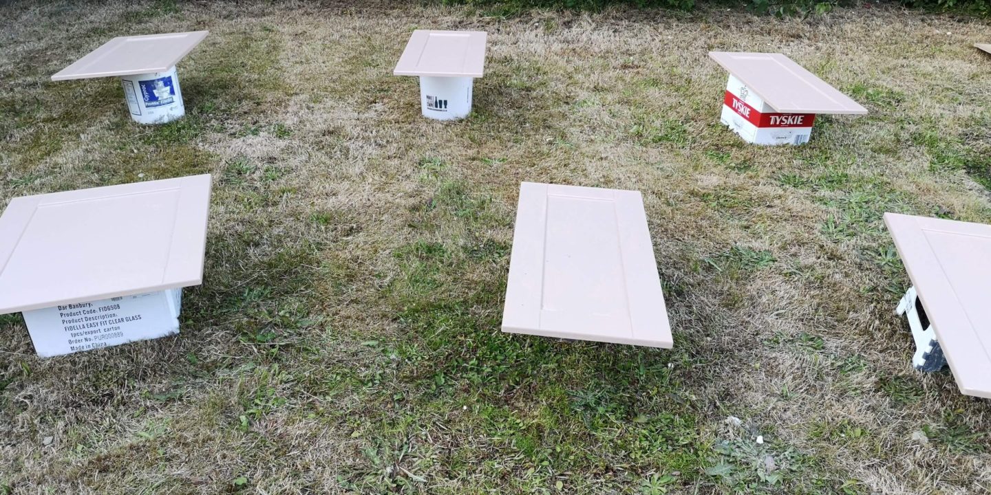 Six cabinet doors, freshly painted pink, drying outside on the grass.