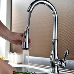 Chrome kitchen tap with pull out hose.