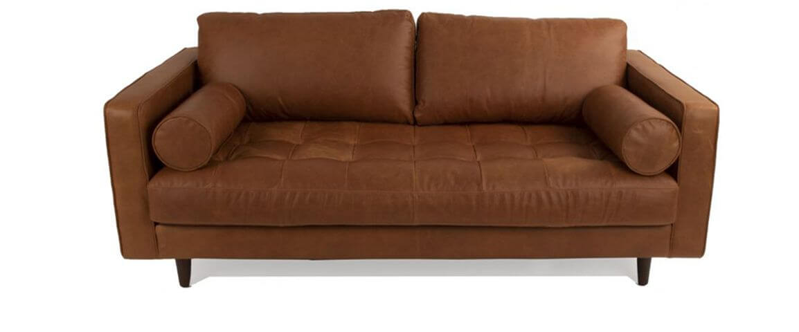 A dark brown leather two seater couch.