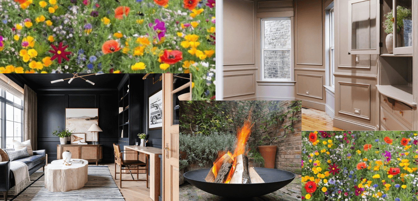 A collection of photos including wildflowers, a firepit, a home office and a mauve coloured panelled wall in a dining room.