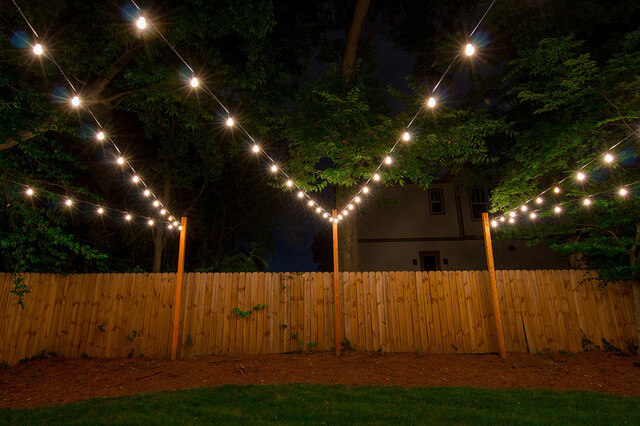 String lights in a back garden.
