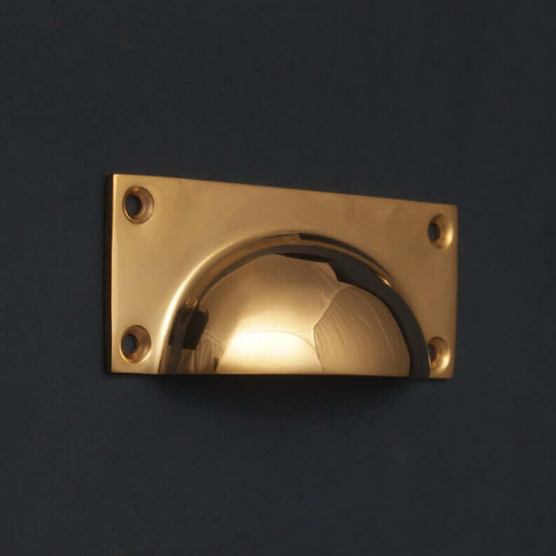 Brass cup pull handle with screws showing on plate.