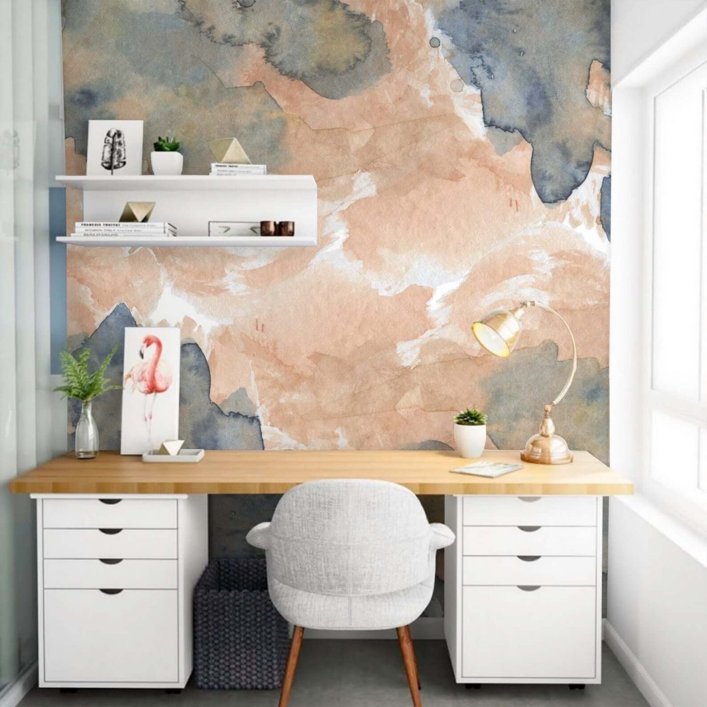 Peel and stick cloud mural using pink and navy tones.