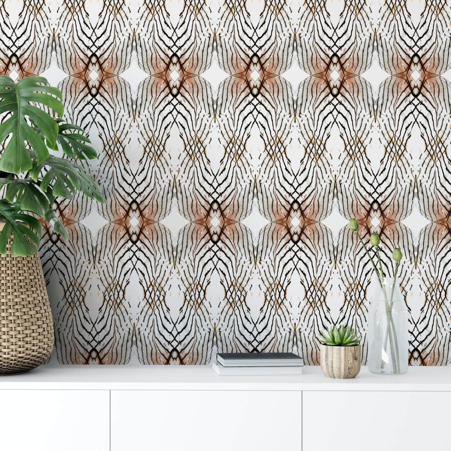 Peel and stick wallpaper with an abstract feather design.