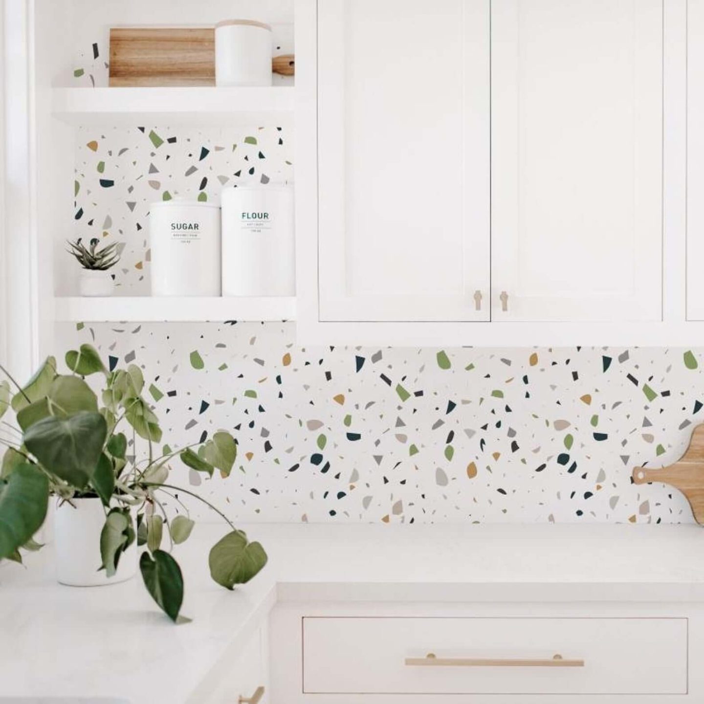 Peel and stick wallpaper in a terrazzo design.