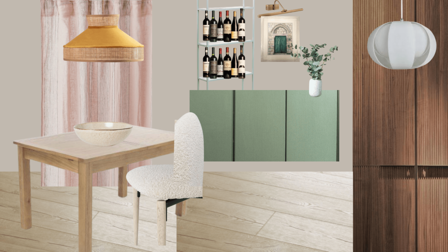 A dining room mood board showing an oak dining table and floors with a yellow, round velvet light pendant and pink curtains. Also in the picture is a green wall hung cabinet, a wine rack and a walnut wardrobe.