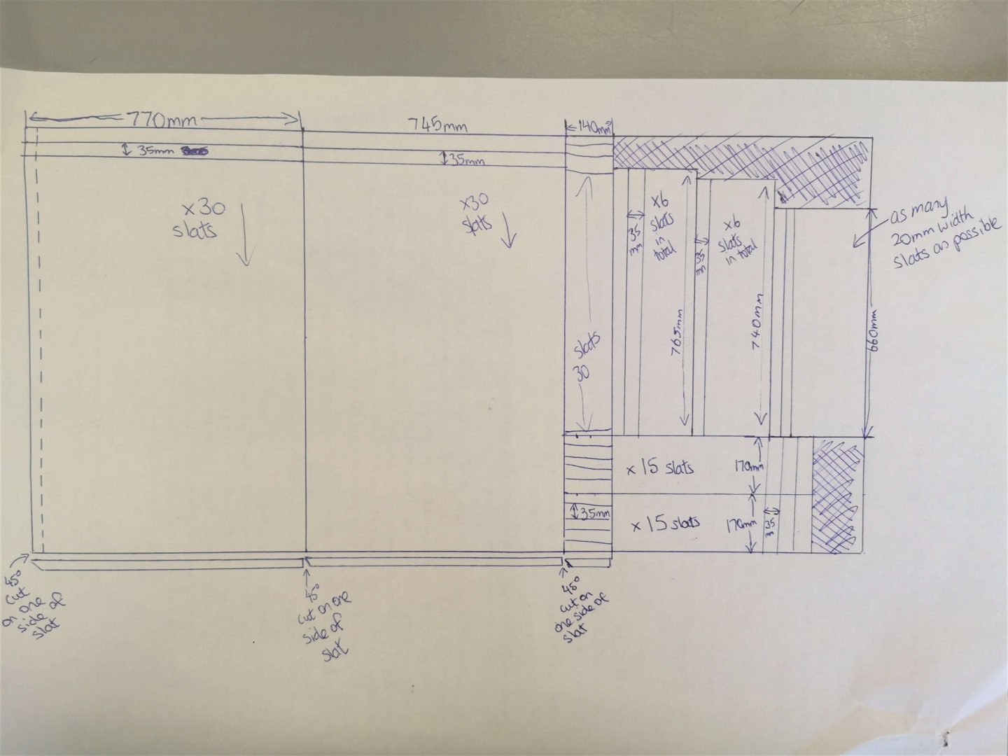 Plan of how to cut a sheet of MDF into slats to form two radiator covers.