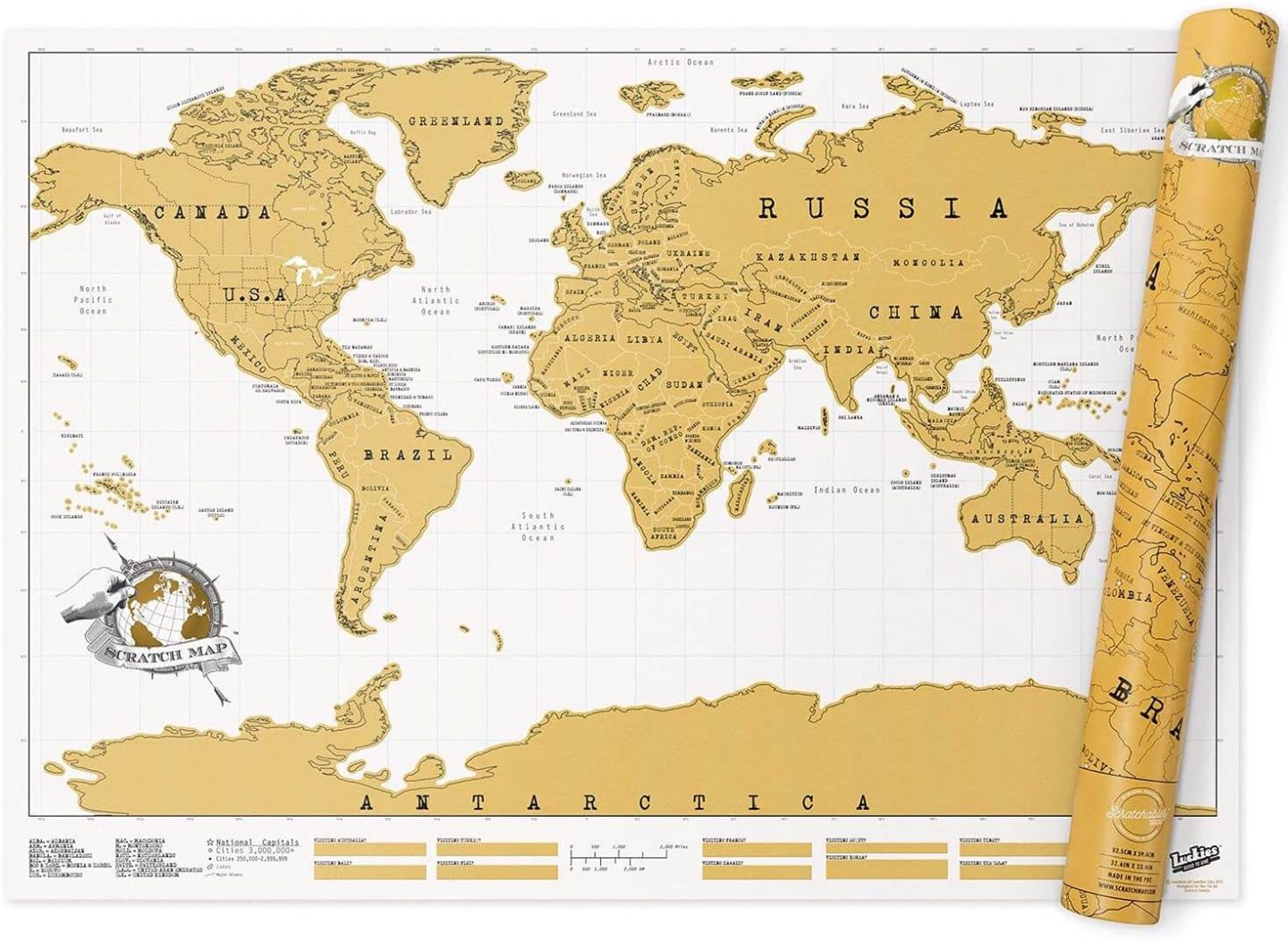 A gold and white map of the world.