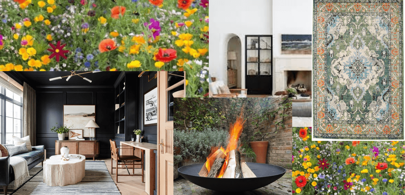 A mood board showing a firepit, wildflowers, a dark home office, a vintage rug and a neutral living room.