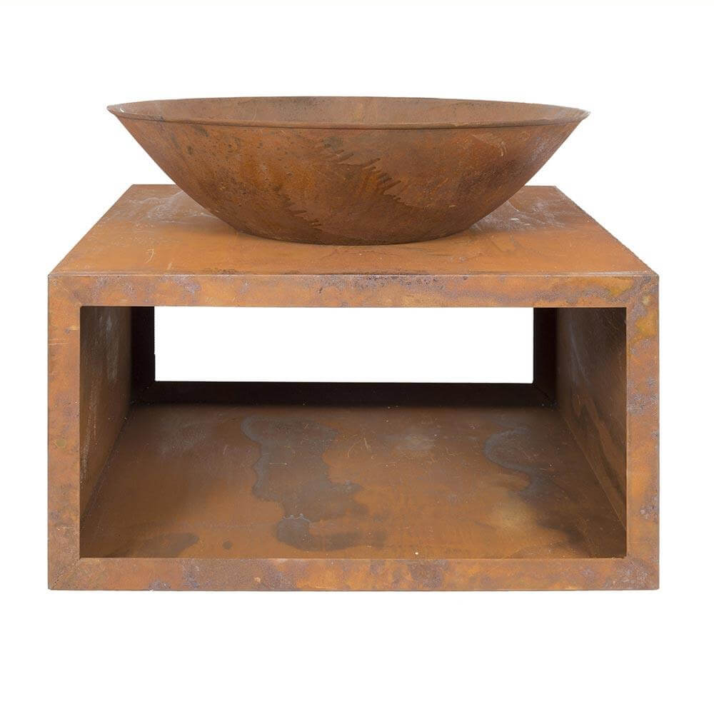 An oxidized metal firepit bowl on a square base.