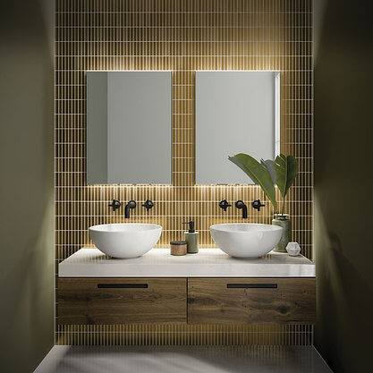 A bathroom with two rectangular lit mirror above a double vanity.