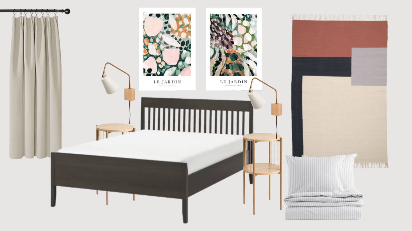 A mood board of lots a items for a bedroom, including a dark wooden bedframe, light wooden side tables and striped bed linen.