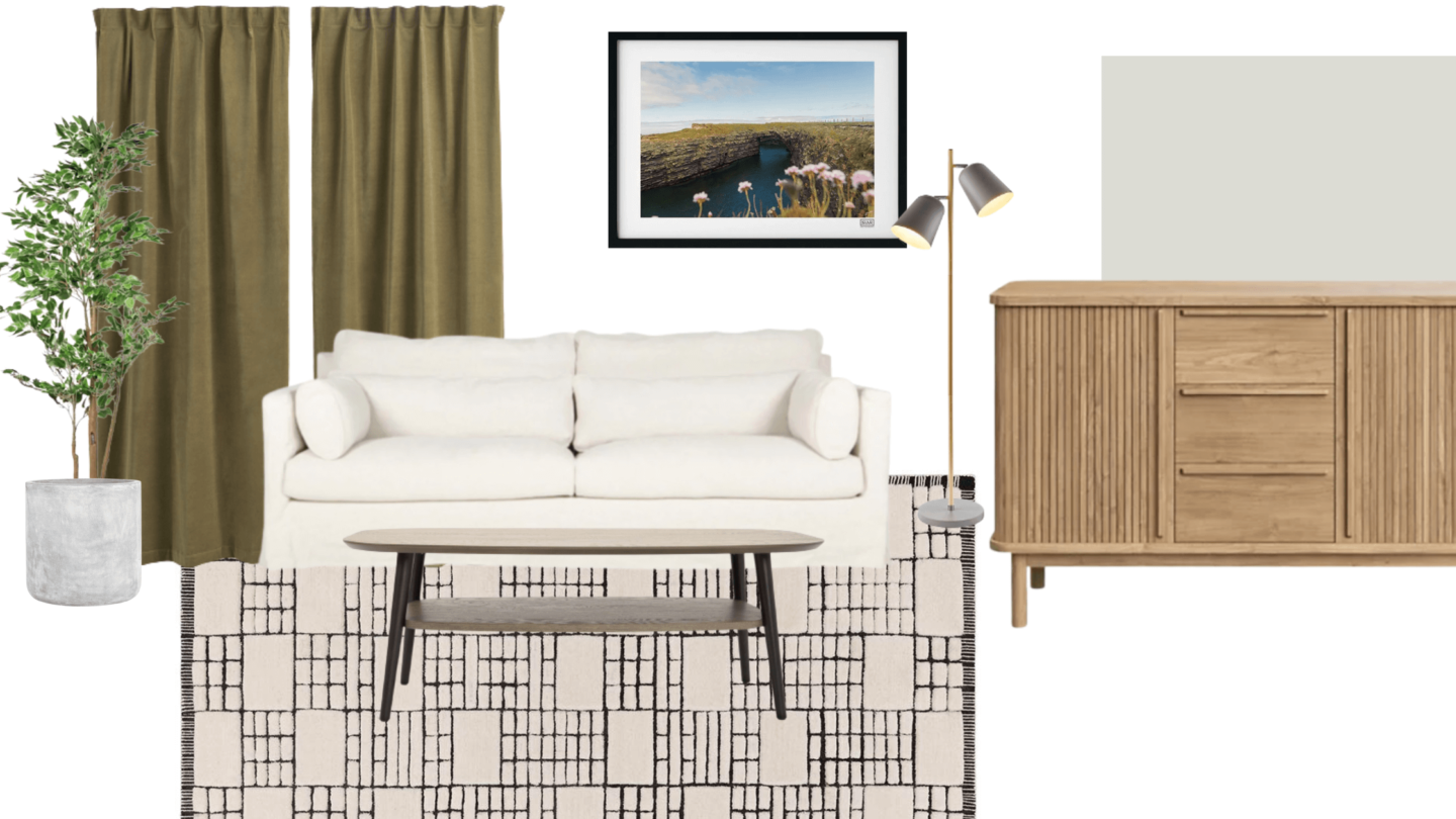 A living room mood board including a cream sofa, green curtains and a cream and black rug. 