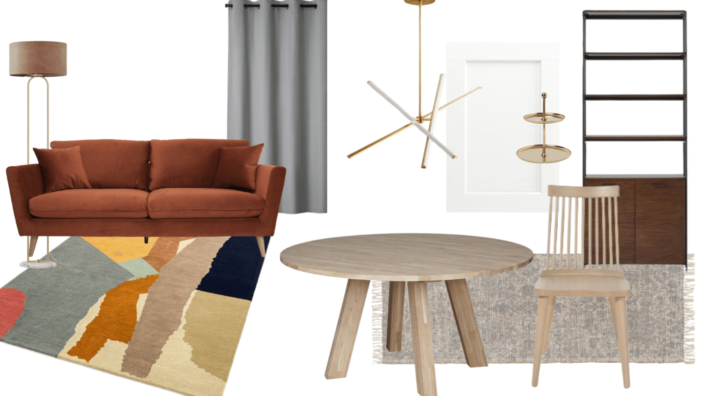 A mood board for an open plan area of the home, including a colourful rug, rust couch and oak furniture. 