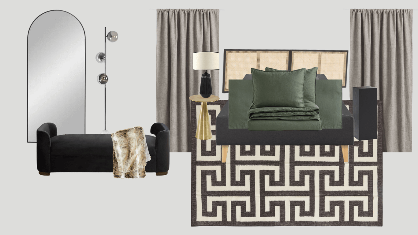 A mood board of a bedroom with a dark themed interiors.