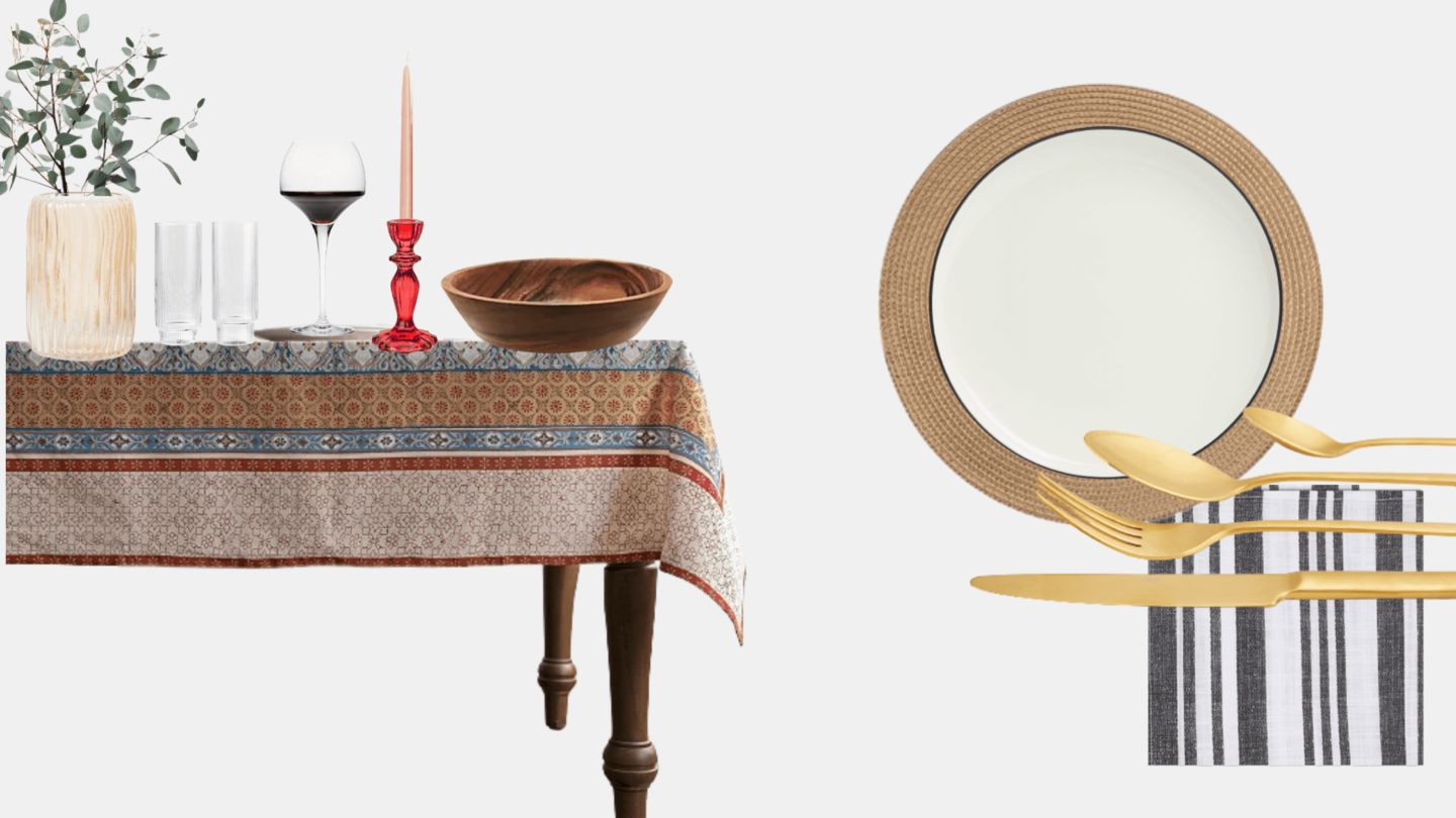 A mood board of tableware items for a dining room.