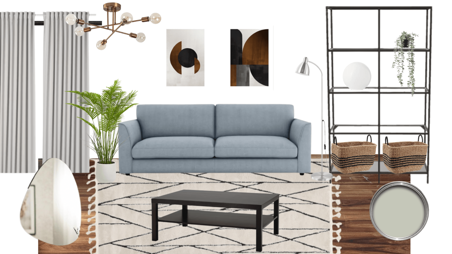 A living room mood board with a blue couch, grey curtain, vittsjo shelving unit and a cream rug. 