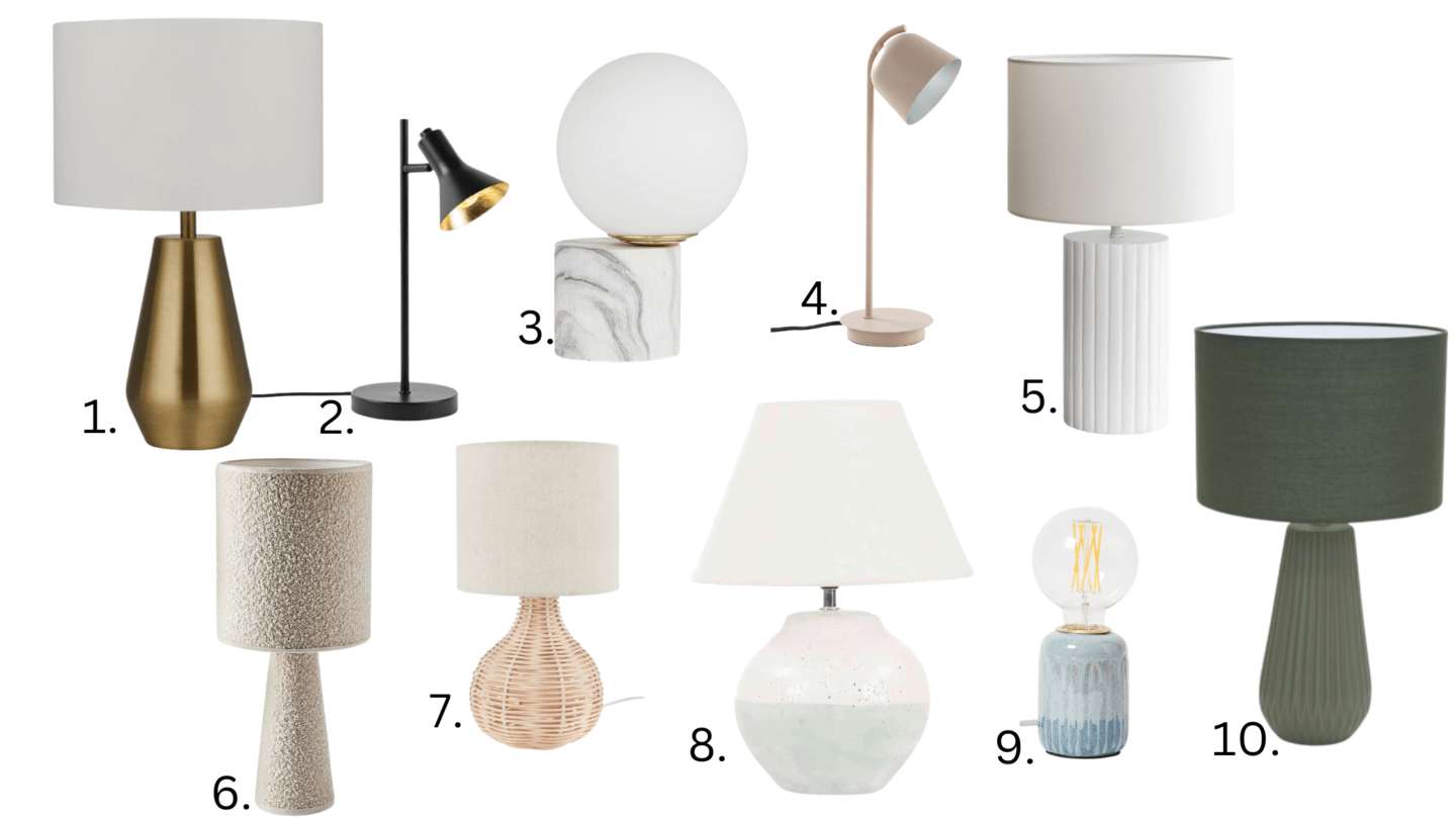 Ten different style table lamps, all under 100 euro.