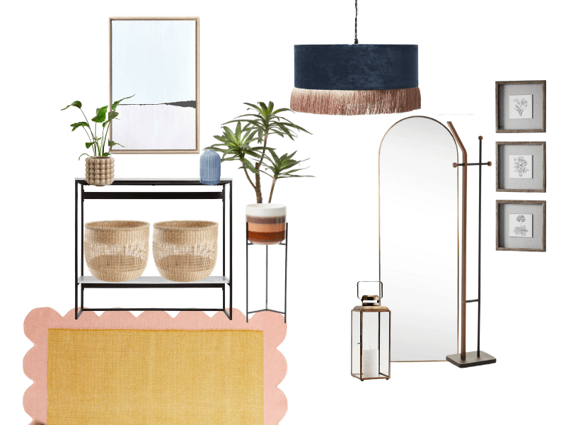 A hallway mood board including a console table, arched mirror, artwork and a coatrack.