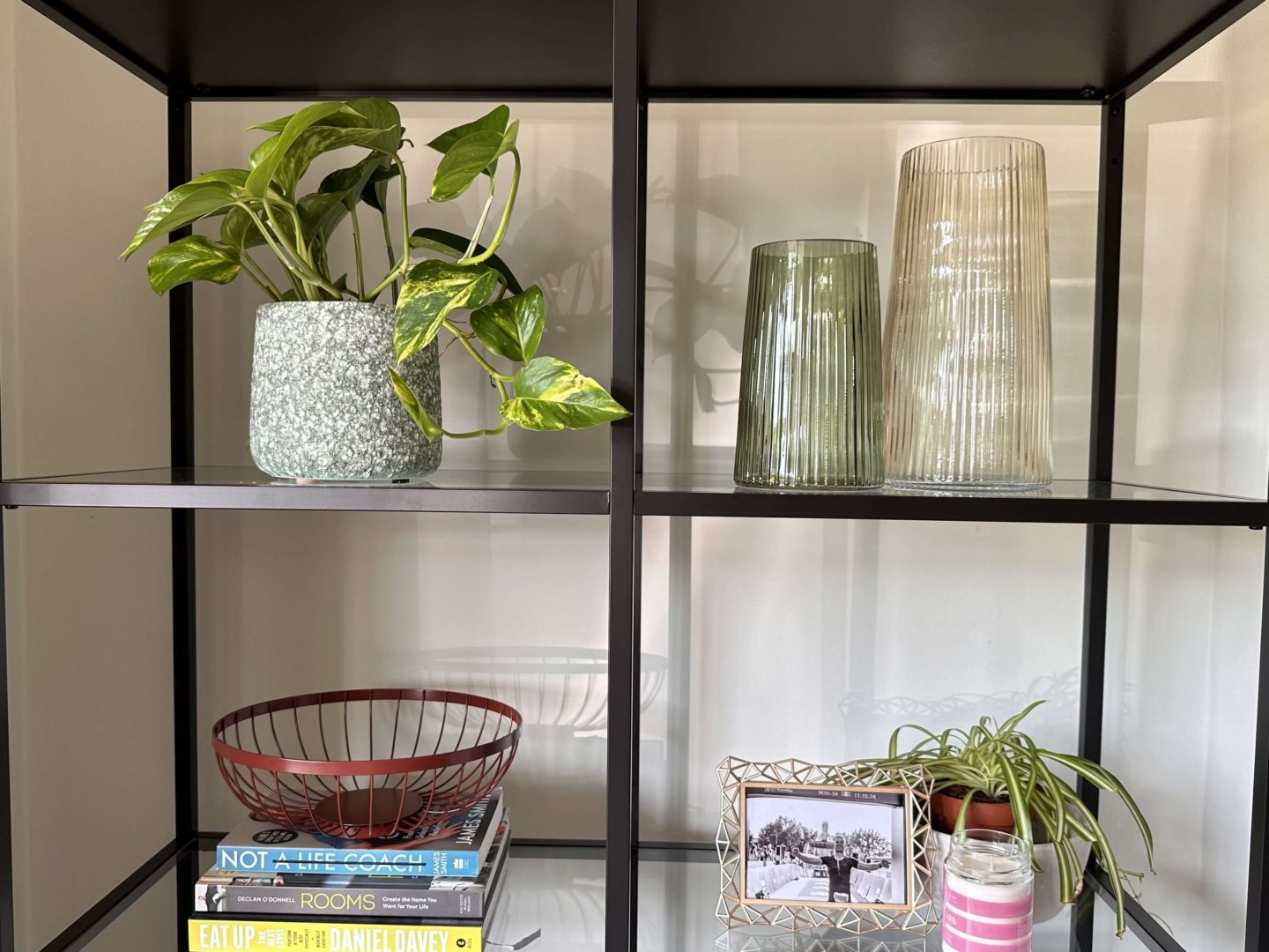 A black shelving unit styled with vases, plants and books.