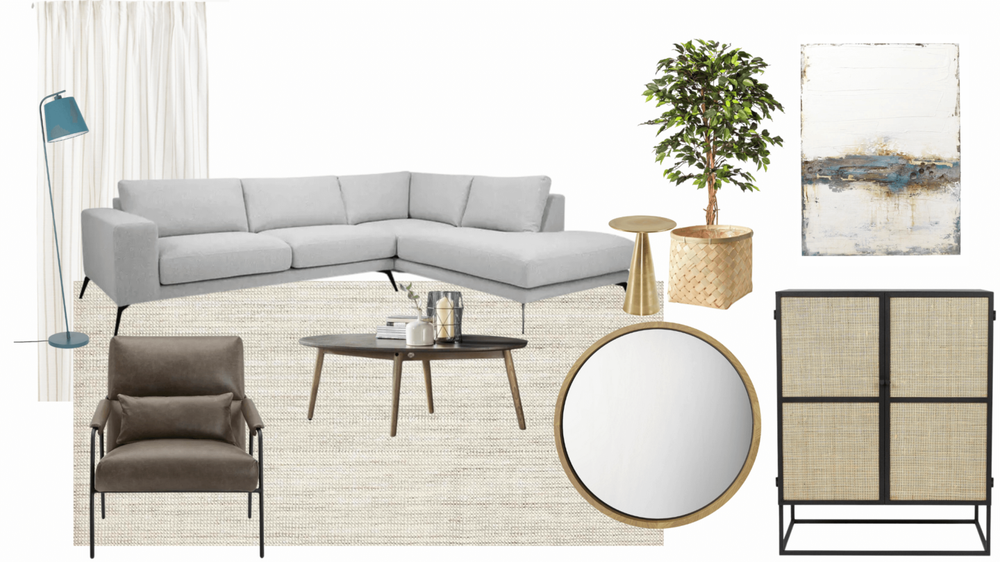 A living room mood board with a grey l-shaped couch, a cream rug and a brown leather armchair.