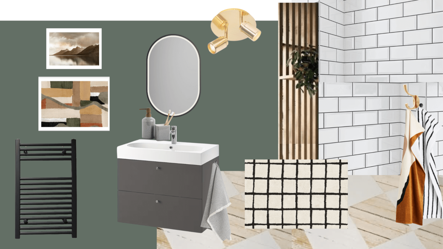 A budget friendly bathroom mood board with green walls, white subway tiles, a grey vanity and  wooden floorboards with a white diamond pattern.