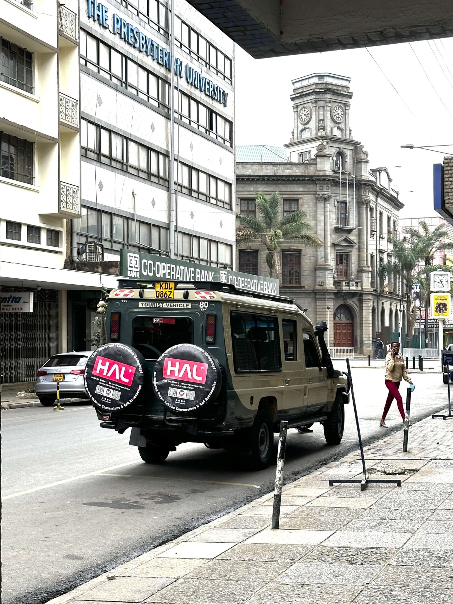 A safari jeep on a street in Nairobi, Kenya. 